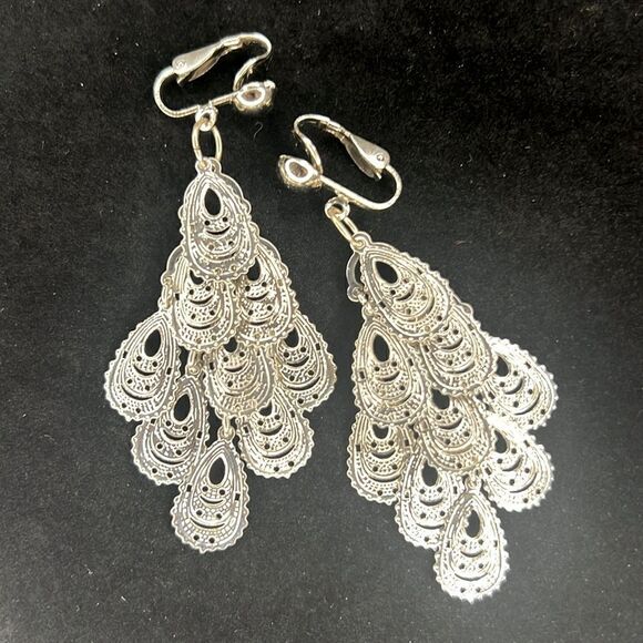 Bohemian Silver Tone Ornate Feather Dangle Clip-On Earrings - Picture 3 of 4